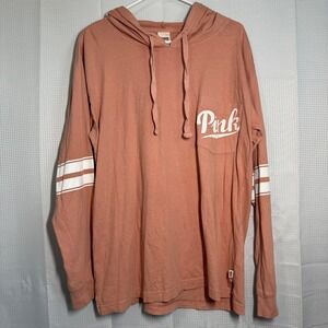 PINK Victoria's Secret Hooded Tee Large Dusty Rose Varsity Stripe Pocket Hoodie